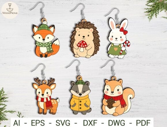 45 Best Laser Cut Acrylic Jewelry Ideas 34 Laser cut acrylic jewelry featuring Christmas animal earrings with festive scarves and holiday motifs