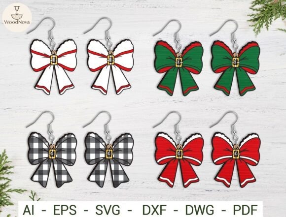 17 Laser Cut Christmas Jewelry Ideas 14 Laser cut Christmas jewelry featuring four pairs of bow earrings in red-white, green-red, buffalo plaid, and classic red
