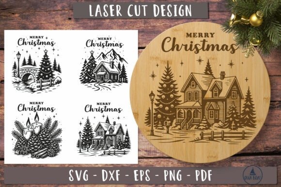 Laser engraving ideas showing Christmas-themed designs for cutting boards including trees, candles, and a house