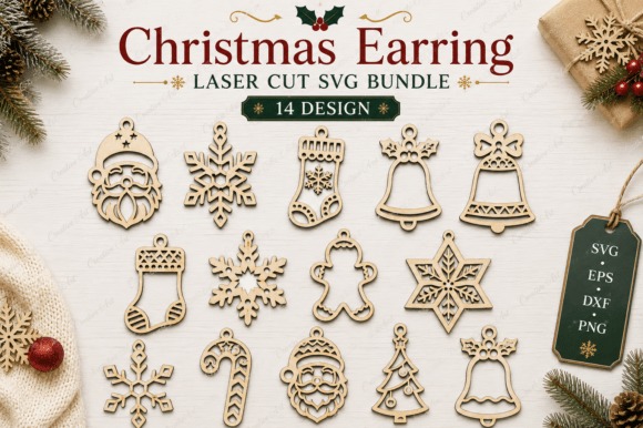 17 Laser Cut Christmas Jewelry Ideas 10 Laser cut Christmas jewelry earring designs including Santa, snowflakes, stockings, bells, candy cane, gingerbread man, and