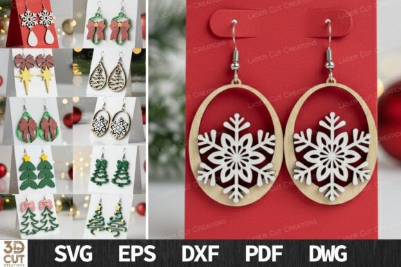 17 Laser Cut Christmas Jewelry Ideas 18 Laser cut Christmas jewelry earrings featuring layered snowflakes, trees, stars, and bows in various frames