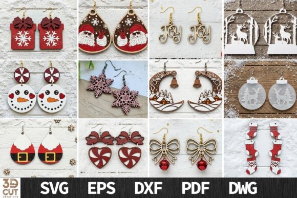 Laser cut wood earrings Christmas bundle with snowflakes, Santa, stockings, snowmen, reindeer, and holiday motifs