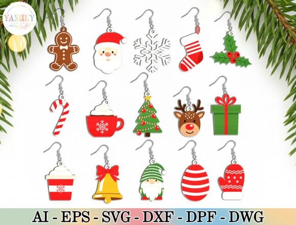 17 Laser Cut Christmas Jewelry Ideas 2 Laser cut Christmas jewelry earrings including gingerbread, Santa, snowflake, stocking, holly, candy cane, cocoa mug