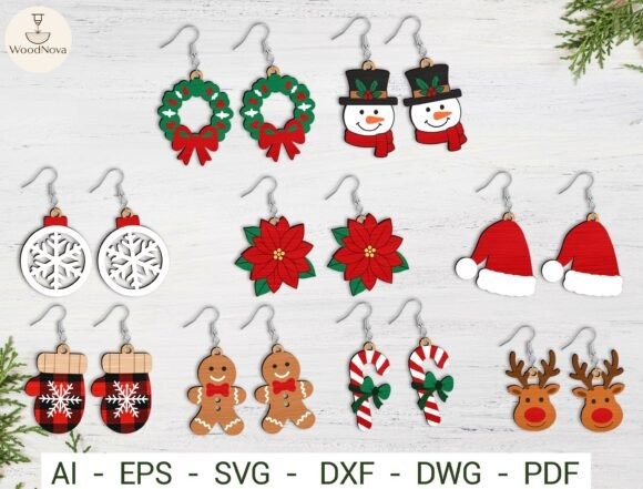 17 Laser Cut Christmas Jewelry Ideas 15 Laser cut Christmas jewelry earrings featuring wreaths, snowmen, snowflakes, poinsettias, Santa hats, mittens, gingerbread