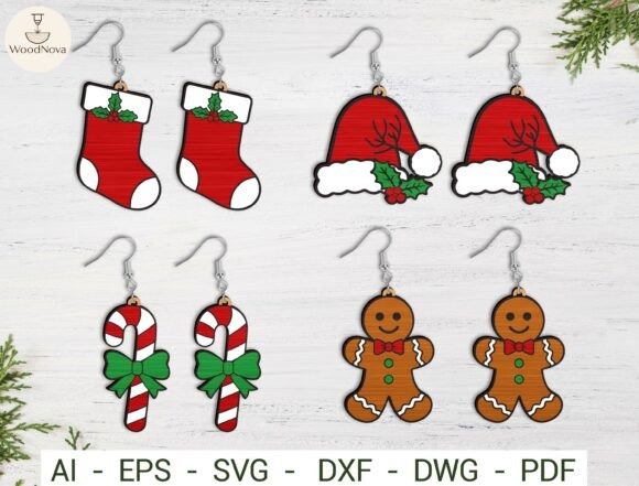 17 Laser Cut Christmas Jewelry Ideas 11 Laser cut Christmas jewelry earrings featuring stockings, Santa hats, candy canes, and gingerbread men in festive colors