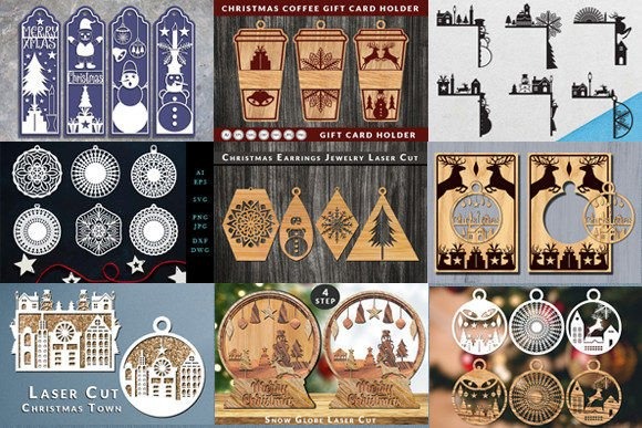 17 Laser Cut Christmas Jewelry Ideas 13 Laser cut christmas jewelry designs including earrings, ornaments, gift card holders, and seasonal decor in various shapes