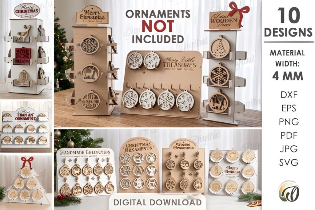 21 Laser Cut Organizer SVG Files for Home Storage Projects 36 Laser cut organizer displaying 10 wooden Christmas ornament display stands made from 4 mm material