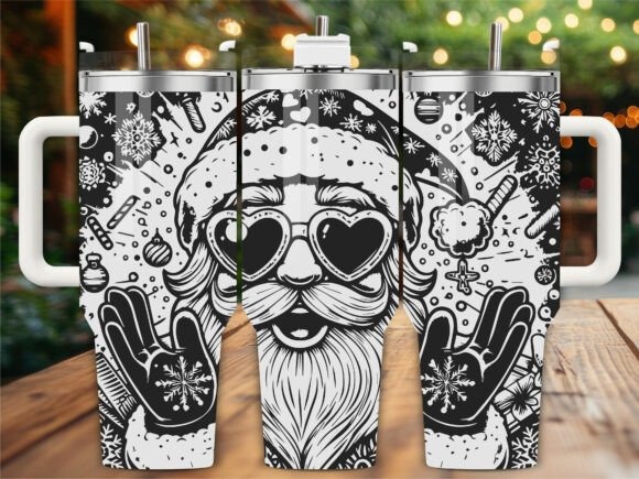 Santa-themed laser engraving ideas on a 40-ounce tumbler with heart-shaped sunglasses and festive decorations
