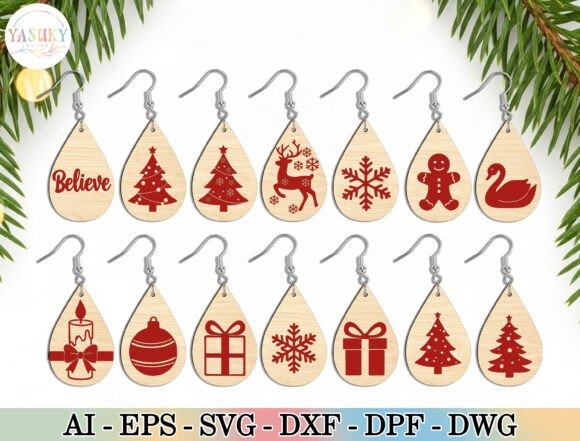 17 Laser Cut Christmas Jewelry Ideas 5 Laser cut christmas jewelry teardrop earrings with trees, snowflakes, reindeer, gingerbread, and festive motifs