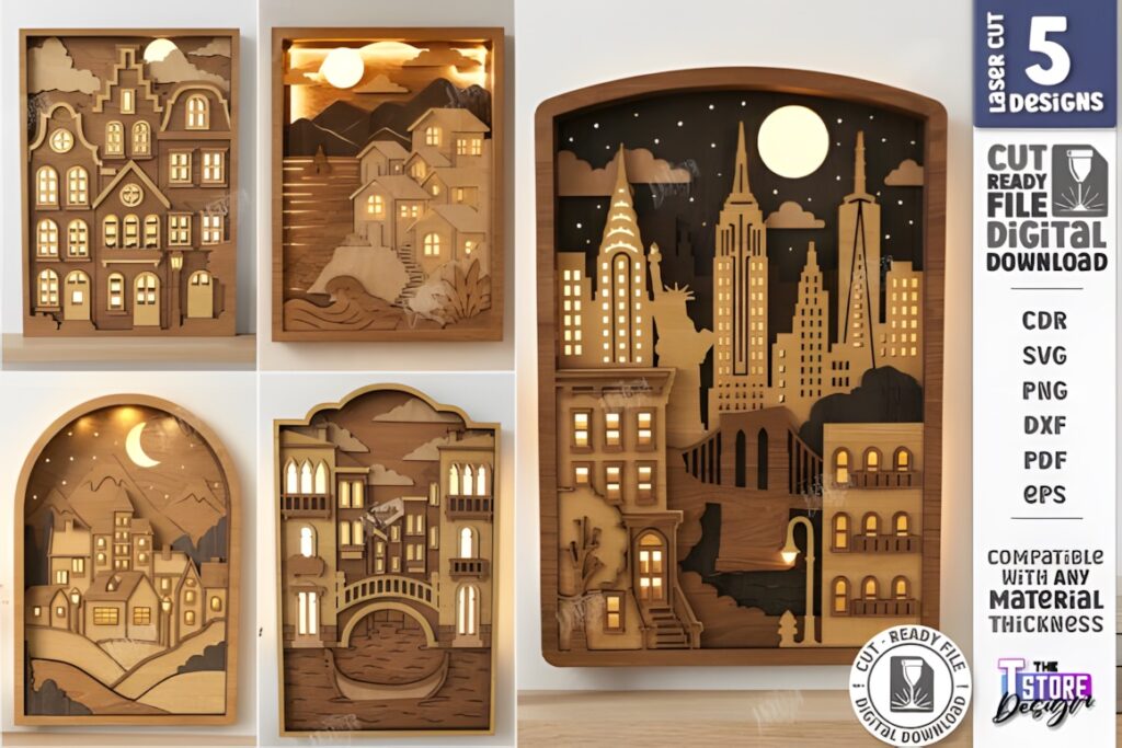 29 Laser Cut SVG Files for Wood, MDF and Acrylic Projects 12 Laser cut SVG files for wood projects showing illuminated cityscape night light designs with architectural silhouettes