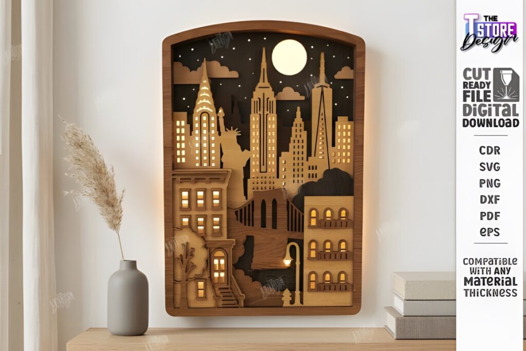 29 Laser Cut SVG Files for Wood, MDF and Acrylic Projects 13 laser cut SVG files for wood projects showing illuminated cityscape night light with architectural silhouettes