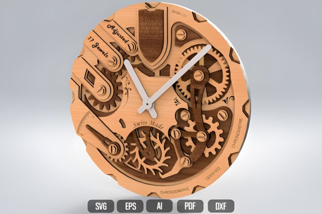 37 Laser Cut Ideas for Creative Maker Projects 24 Laser cut wooden clock with visible gears and mechanical parts in SVG format