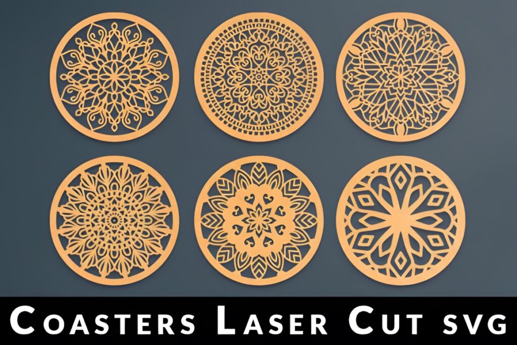 45 Laser Cut Files for Ready-to-Make Laser Projects 20 Six round laser cut files with intricate layered coaster designs in a warm wood tone
