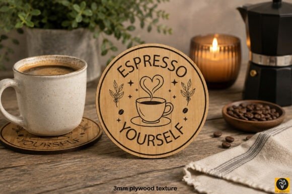 Espresso Yourself coffee laser coaster made from 3mm plywood with coffee cup and heart design, part of laser engraving ideas