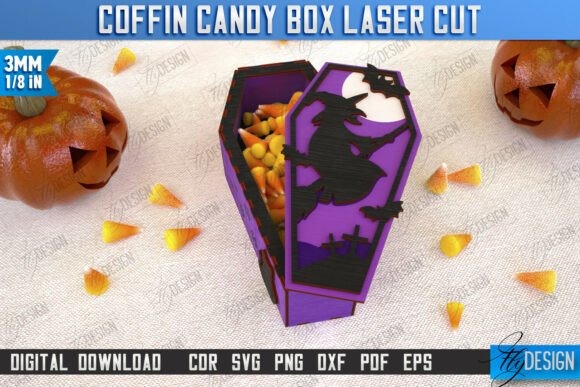 Coffin Candy Box Laser Cut — Halloween laser cut ideas Halloween laser cut ideas coffin candy box with witch design filled with candy corn
