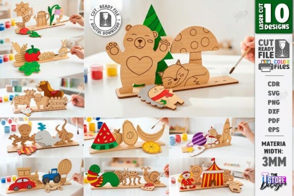 21 Laser Cut Toys for Kids and Creative Play 14 Laser cut toys including animals, vehicles, and shapes ready for coloring and assembly