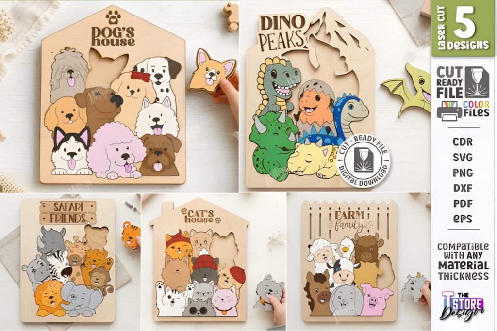 22 Educational Laser Cut Puzzles for Kids with SVG Files 28 Educational laser cut puzzles featuring cute animal designs for kids including dogs, dinosaurs, cats, farm animals, and