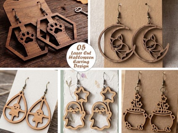 25 Laser Cut Halloween Jewelry Ideas 8 Laser cut halloween jewelry featuring wooden earrings with paw prints, bats on moons, gingerbread men, ghosts with stars
