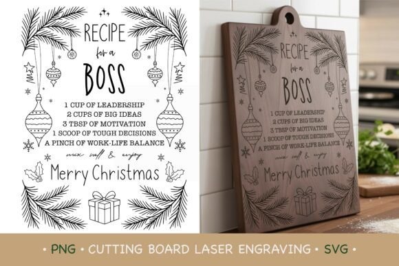 12 Laser Engraving Ideas for Personalized Gifts and Keepsakes 20 Personalized laser engraving gift ideas showing a wooden cutting board engraved with 'Recipe for a Boss' leadership-themed