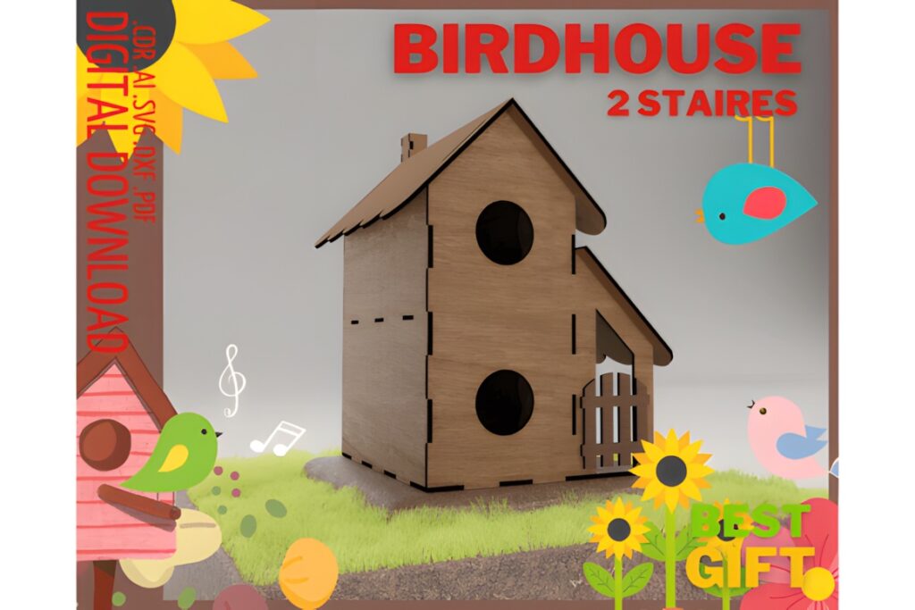 37 Laser Cut Ideas for Creative Maker Projects 16 Laser cut wooden birdhouse model with two stories and circular openings on a grassy surface with illustrated birds and