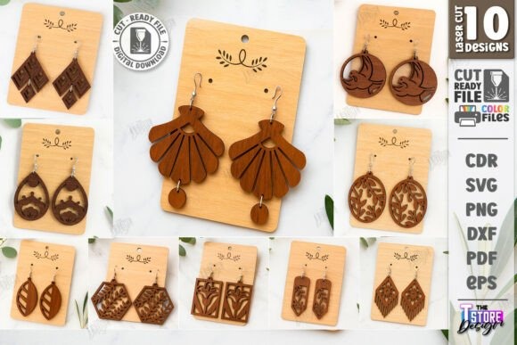 15 Laser Cut Pendant Ideas for Unique Handmade Jewelry 8 Laser cut pendant dangle earrings bundle with various wooden designs on display cards