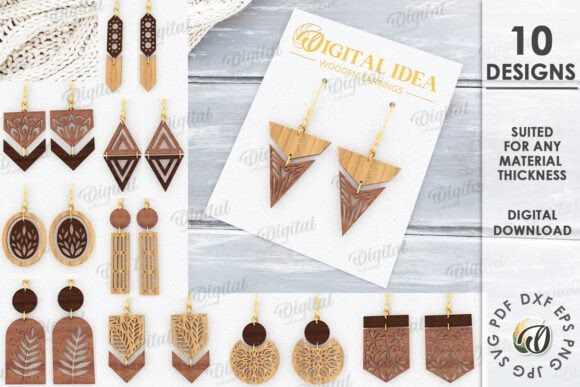 Laser cut wood earrings bundle featuring 10 dangle earring designs in various geometric and floral patterns