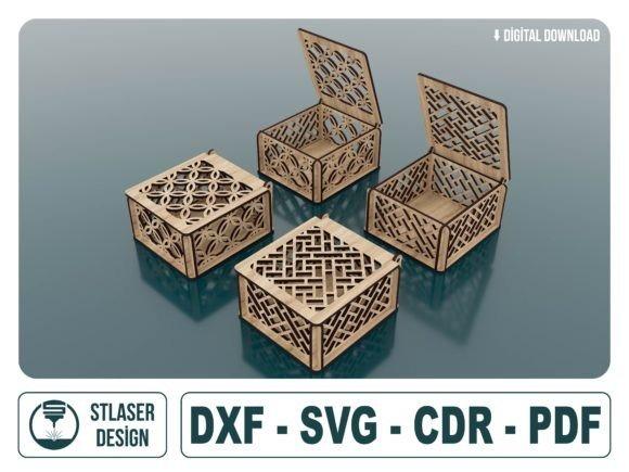 13 Laser Cut Box Projects for Cards, Keepsakes and Small Gifts 10 Laser cut box projects showing four small decorative wooden boxes with intricate geometric patterns