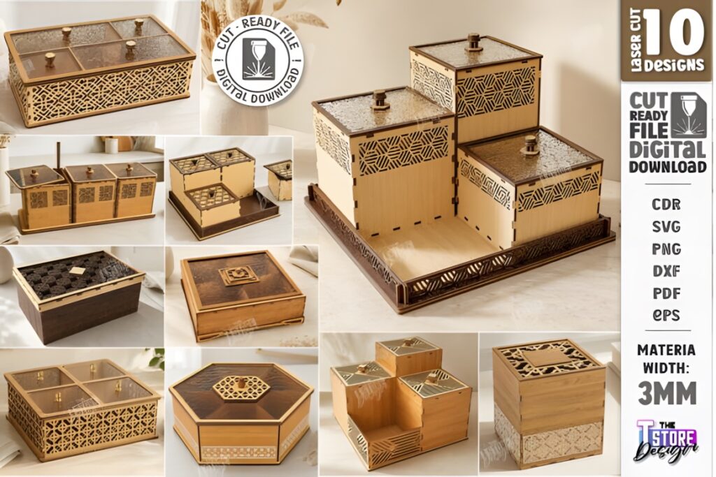 29 Laser Cut SVG Files for Wood, MDF and Acrylic Projects 30 Laser cut SVG files for wood projects featuring decorative modular storage boxes with filigree, mandala, floral, and
