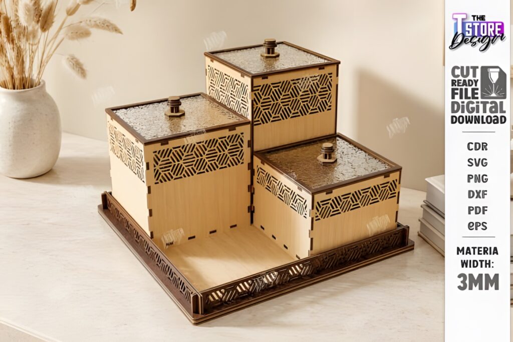 29 Laser Cut SVG Files for Wood, MDF and Acrylic Projects 29 Modular storage box with decorative laser cut SVG files for wood projects featuring geometric patterns