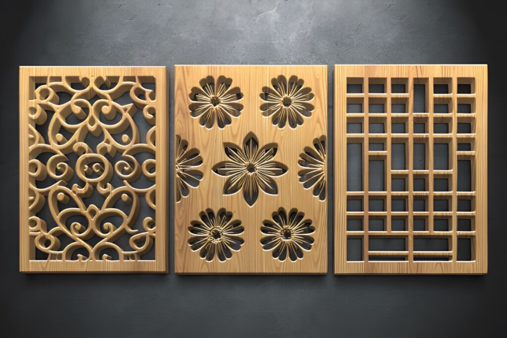 15 Laser Cut Panels for Decorative Cabinet Door Insert Projects 3 Three laser cut panels for cabinet door with floral, ornamental, and lattice designs in wood