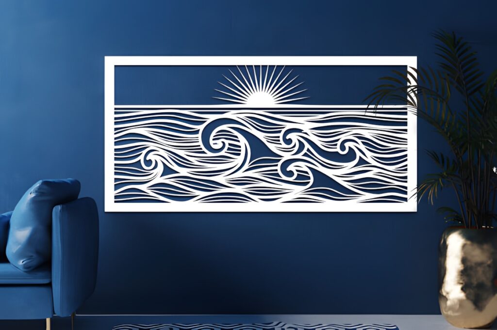 33 Modern Cnc Jaali Design Ideas for Modern Architectural Spaces 17 modern CNC jaali design featuring stylized sea waves and sun in white panel on blue wall