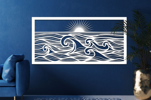15 Laser Cut Screens for Patios, Gardens and Indoor Privacy 4 Laser cut privacy screens for patios with sea landscape waves and sun design in white on blue wall