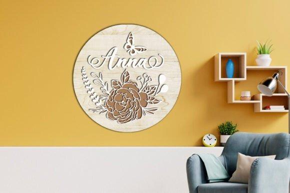 45 Laser Cut Panels for Indoor and Outdoor Features 29 Round multilayer laser cut panel with floral design and name Anna on yellow wall above sofa — laser cut panels