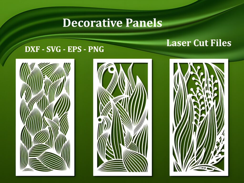 15 Laser Cut Outdoor Fence Panels for Modern Garden Privacy 5 Three laser cut outdoor fence panels with abstract floral designs in white against a green background