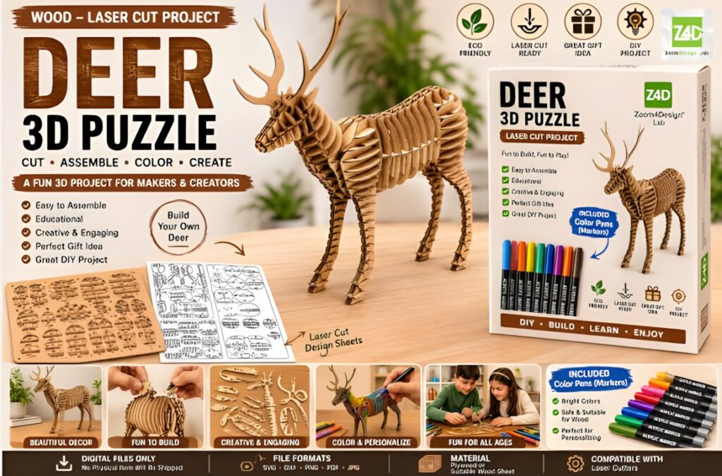 22 Educational Laser Cut Puzzles for Kids with SVG Files 7 Educational laser cut puzzles Deer 3D Puzzle DIY project with wooden parts and color pens for creative assembly