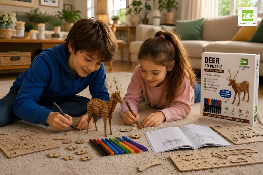 22 Educational Laser Cut Puzzles for Kids with SVG Files 6 Children assembling educational laser cut puzzles of a deer model with coloring markers and instruction booklet