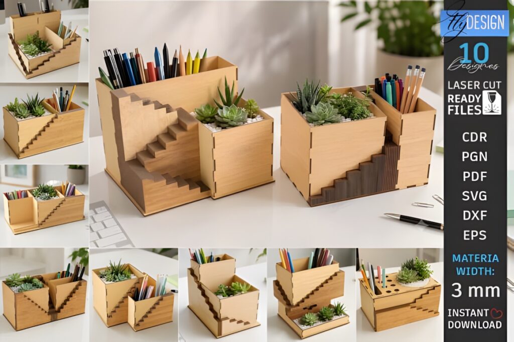 21 Laser Cut Organizer SVG Files for Home Storage Projects 32 Laser cut organizer with compartments for pens and plants, made from wood with stair-step design