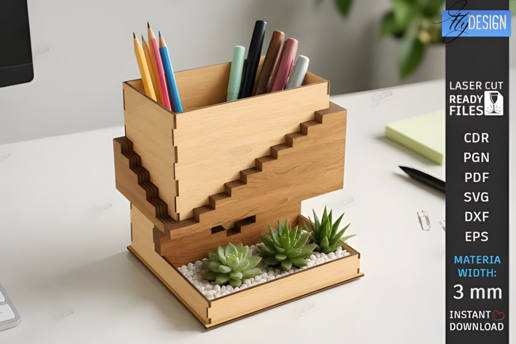 21 Laser Cut Organizer SVG Files for Home Storage Projects 31 Laser cut organizer wooden desk stand holding pens and pencils with small succulent plants at the base