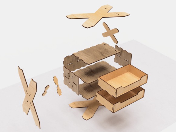 10 Laser Cut Projects for Useful Home and Workshop Builds 16 Laser cut projects for home and workshop showing exploded view of wooden desktop organizer with shelf components