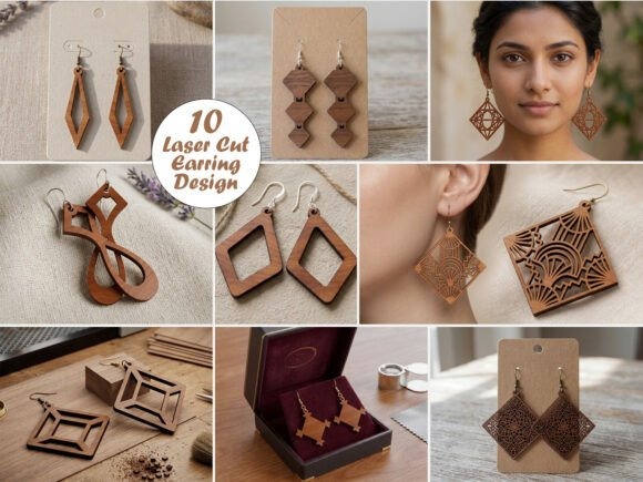 Laser cut wood earrings in various geometric shapes including teardrops, Moroccan-inspired, and botanical leaf designs