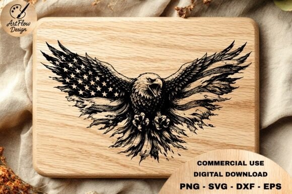Distressed American Eagle SVG laser engraving ideas on wooden plaque with American flag wings
