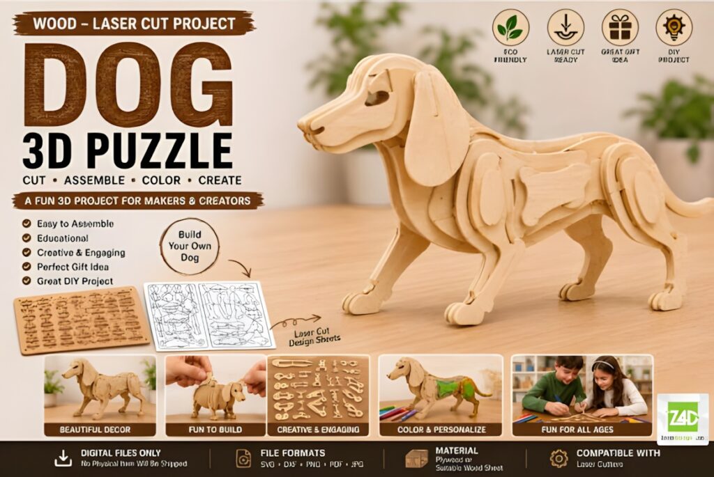 22 Educational Laser Cut Puzzles for Kids with SVG Files 11 Educational laser cut puzzles wooden dog 3D puzzle model for kids hands-on assembly and creative play
