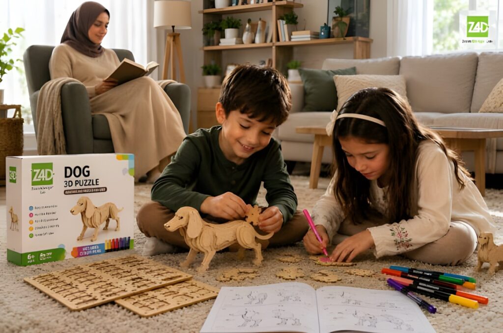 22 Educational Laser Cut Puzzles for Kids with SVG Files 10 Children assembling and decorating a dog 3D wooden puzzle educational laser cut puzzles with markers and instruction booklet