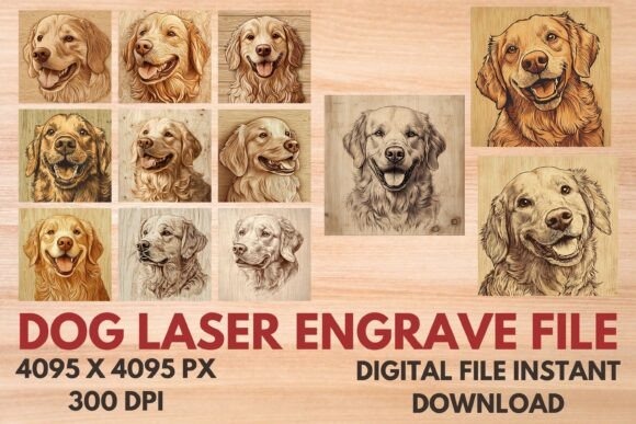 laser engraving ideas showing various dog breed designs on wood panels in color and black-and-white