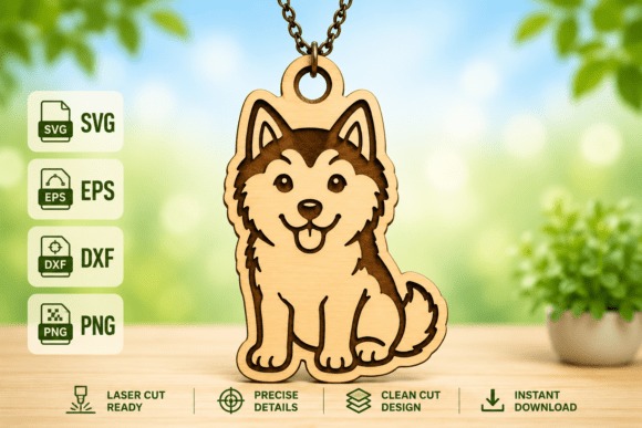 Laser cut necklace featuring a dog silhouette pendant in wood with precise details and clean cut design