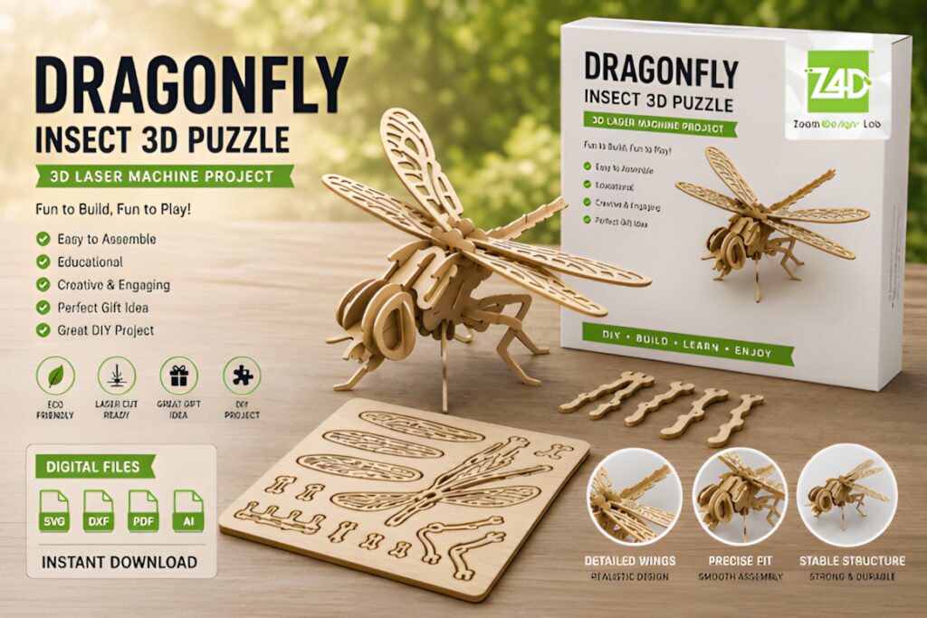 22 Educational Laser Cut Puzzles for Kids with SVG Files 5 Educational laser cut puzzles dragonfly insect 3D wood puzzle kit with laser-cut parts and assembly instructions