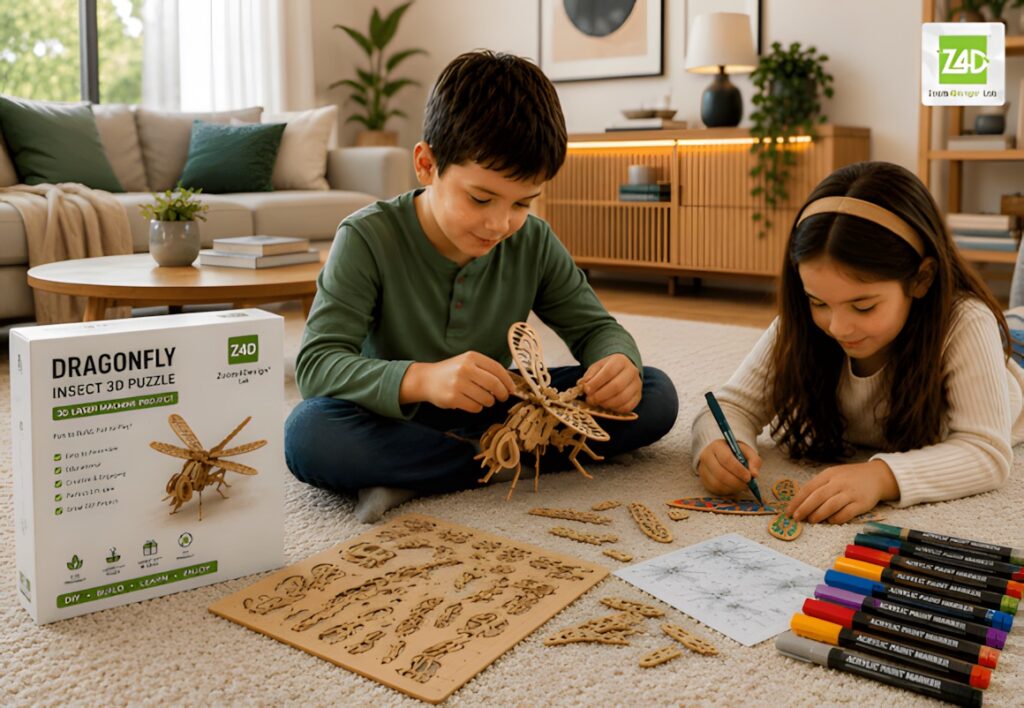 22 Educational Laser Cut Puzzles for Kids with SVG Files 4 Children assembling educational laser cut puzzles dragonfly 3D wood puzzle with colorful markers and wooden pieces