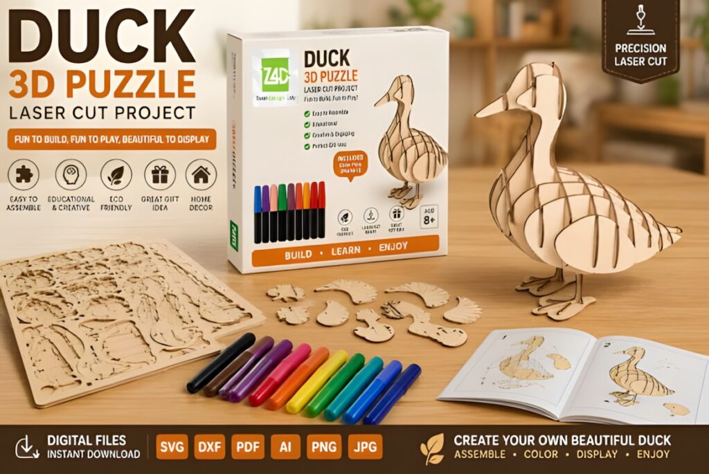 22 Educational Laser Cut Puzzles for Kids with SVG Files 23 Educational laser cut puzzles Duck 3D wood puzzle project with colorful markers and instruction booklet