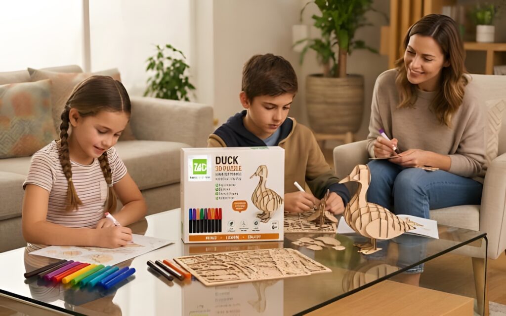 22 Educational Laser Cut Puzzles for Kids with SVG Files 22 Children assembling and coloring educational laser cut puzzles including a 3D wood duck puzzle on a glass table