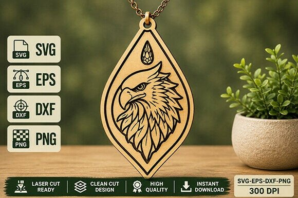 Laser cut necklace with eagle pendant in wood featuring bold animal design and clean cut